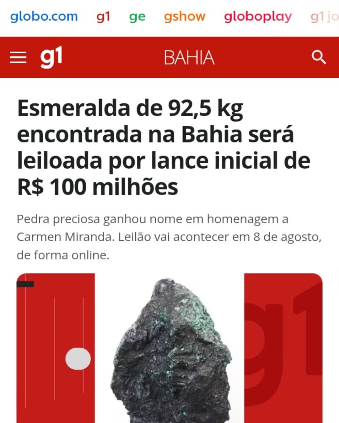 Matéria do G1 sobre a esmeralda Pequena Notável